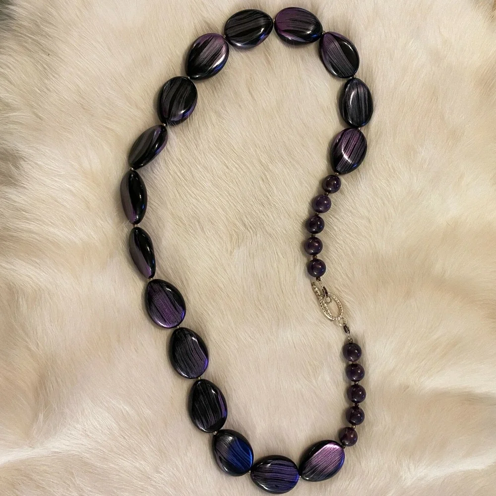 Retro Metallic Purple Necklace Painted Black Beads Y2K Disco Fairy Boho 4785